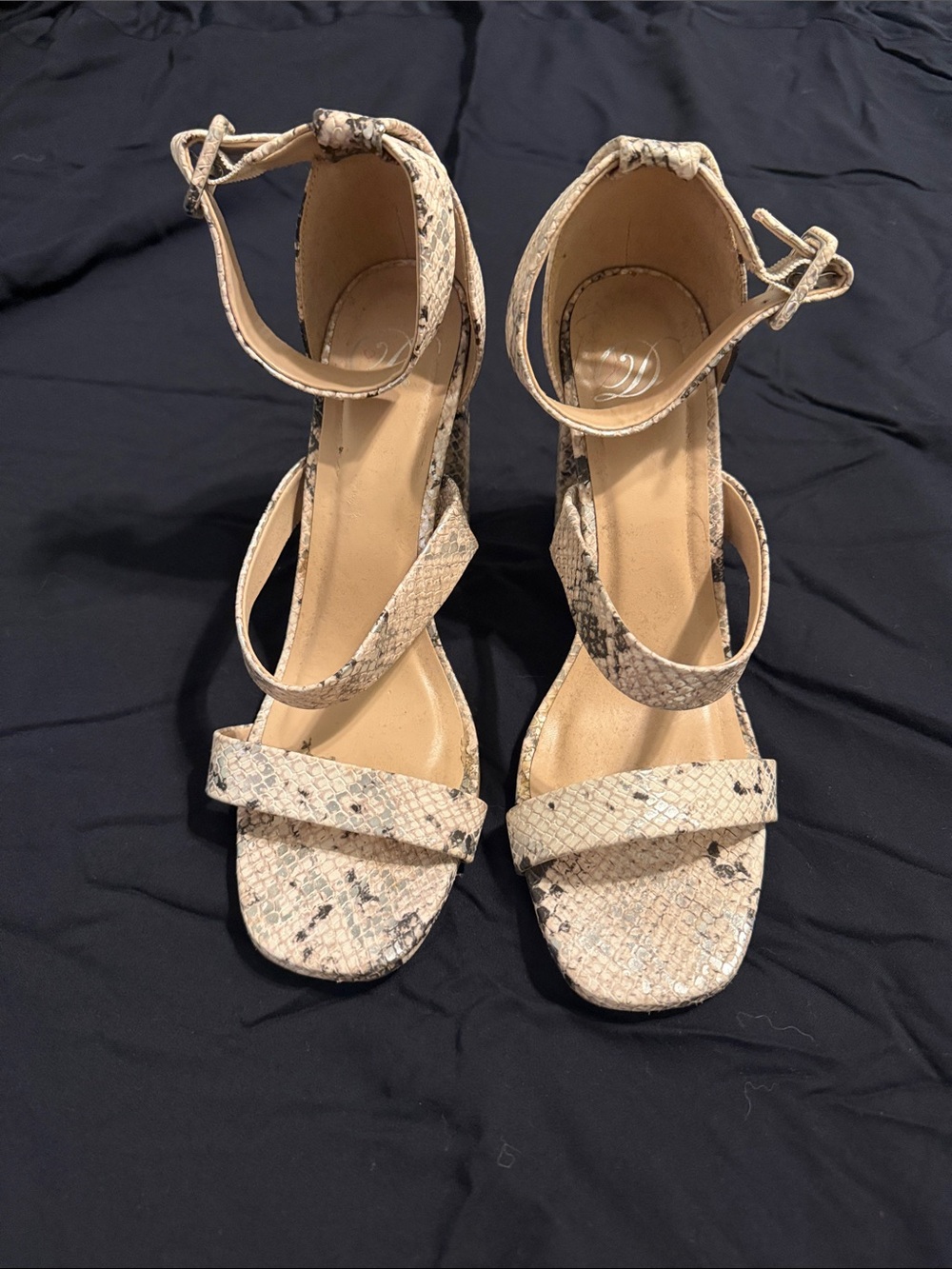 Delicious Beige Snake-Print Ankle Strap Block Heels